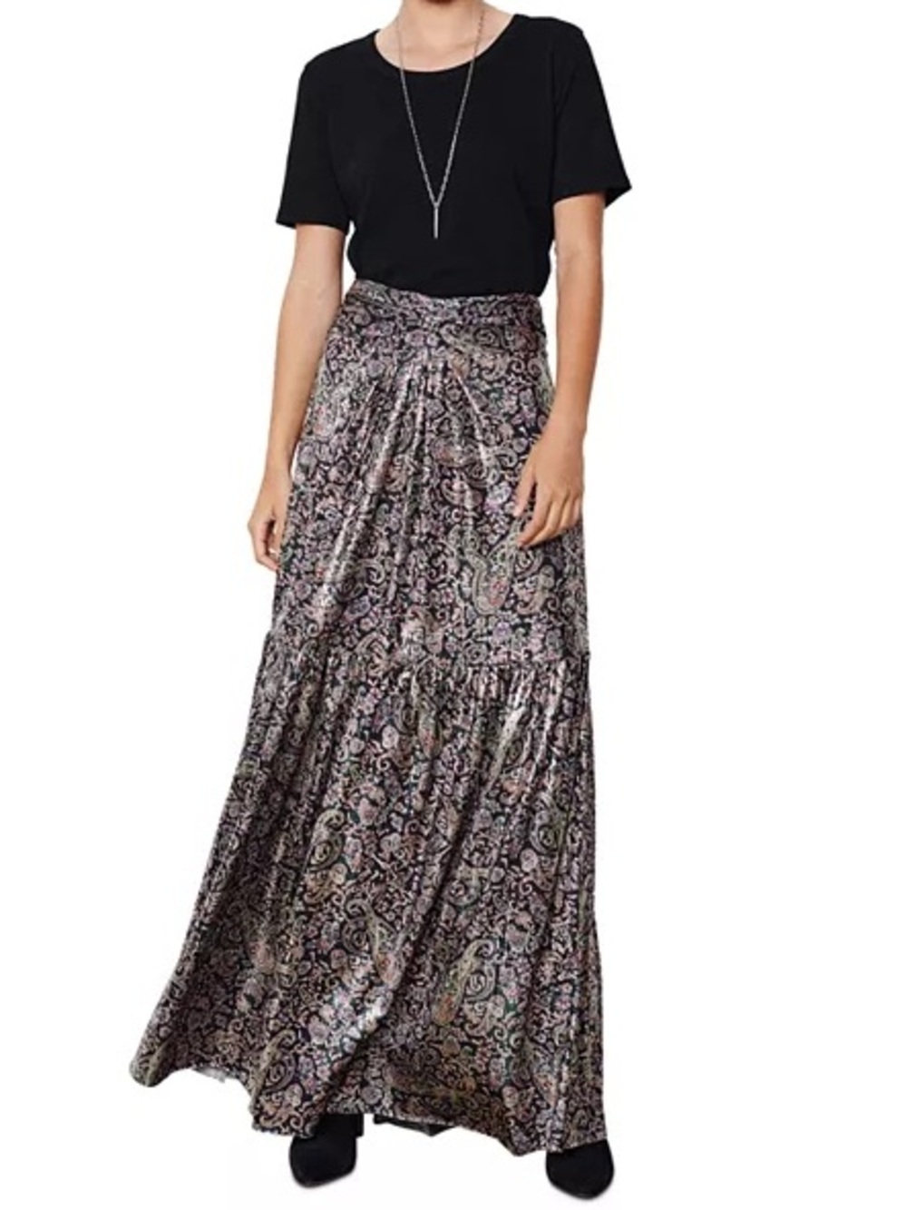 ba&sh Gabriel Metallic Paisley Print Jersey Tiered Maxi Skirt Small NWT - Picture 15 of 15
